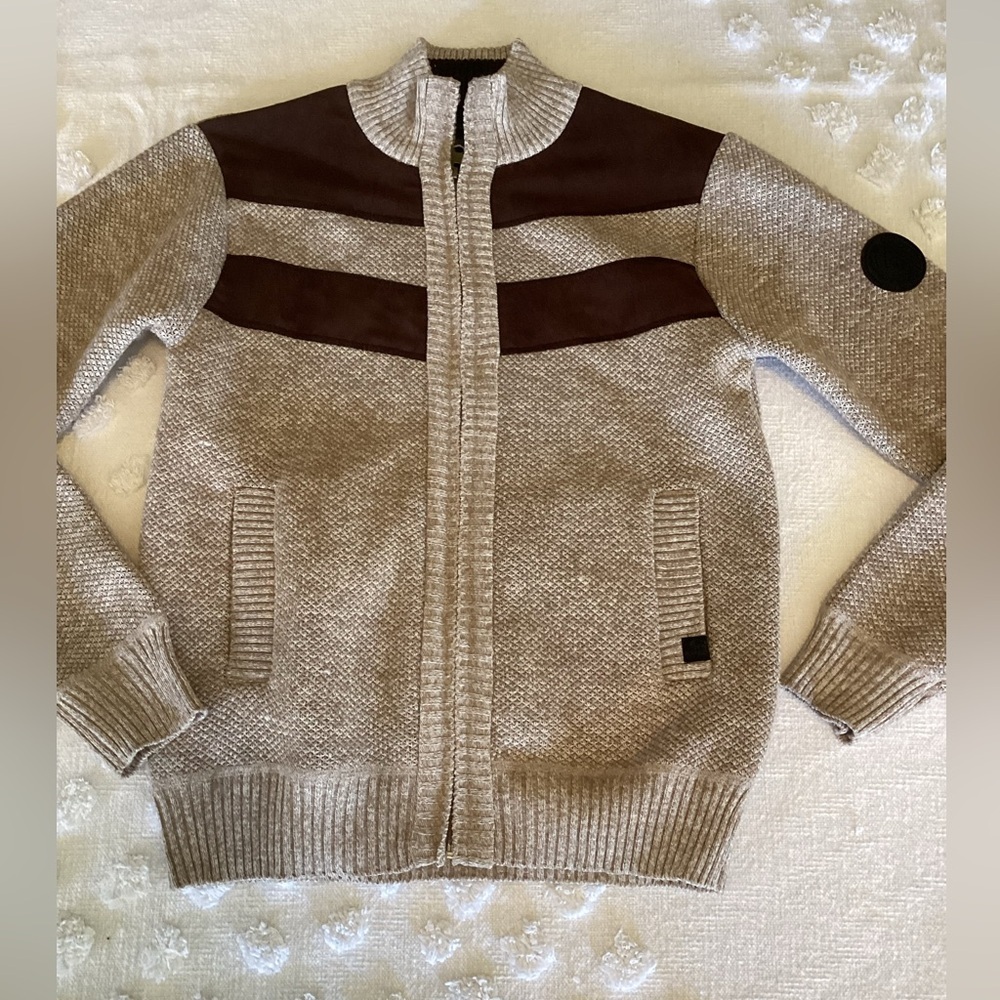 Buffalo David Bitton Full Zip Sweater Mens Brown Marled Fleece Lined Mock S
